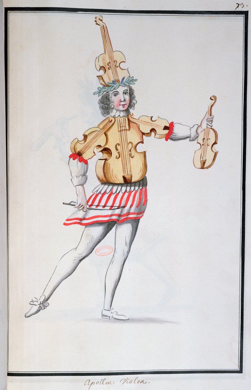 Apolló-hegedű jelmeze a Ballet de la Nuithoz, Jean-Baptiste Lully (1632-87) táncolta XIV. Lajos, 1653. február 23. (wc papíron) alkotó: French School