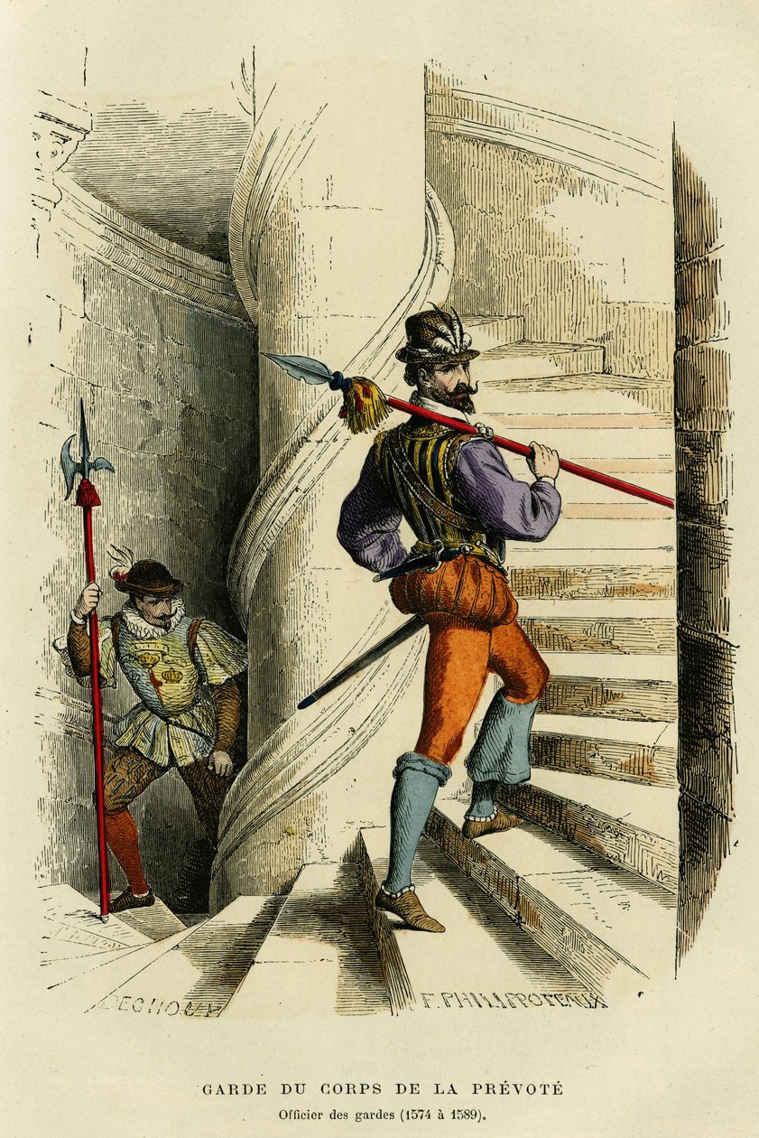 Az előszavazat testőrének jelmeze, majd egy őrségi tiszt (1574-1589). Színes metszet, „France et les francais a travers les siecles”-ben, Augustin Challamel, F.Roy szerkesztő, Párizs 1882. Selva Collection. alkotó: French School