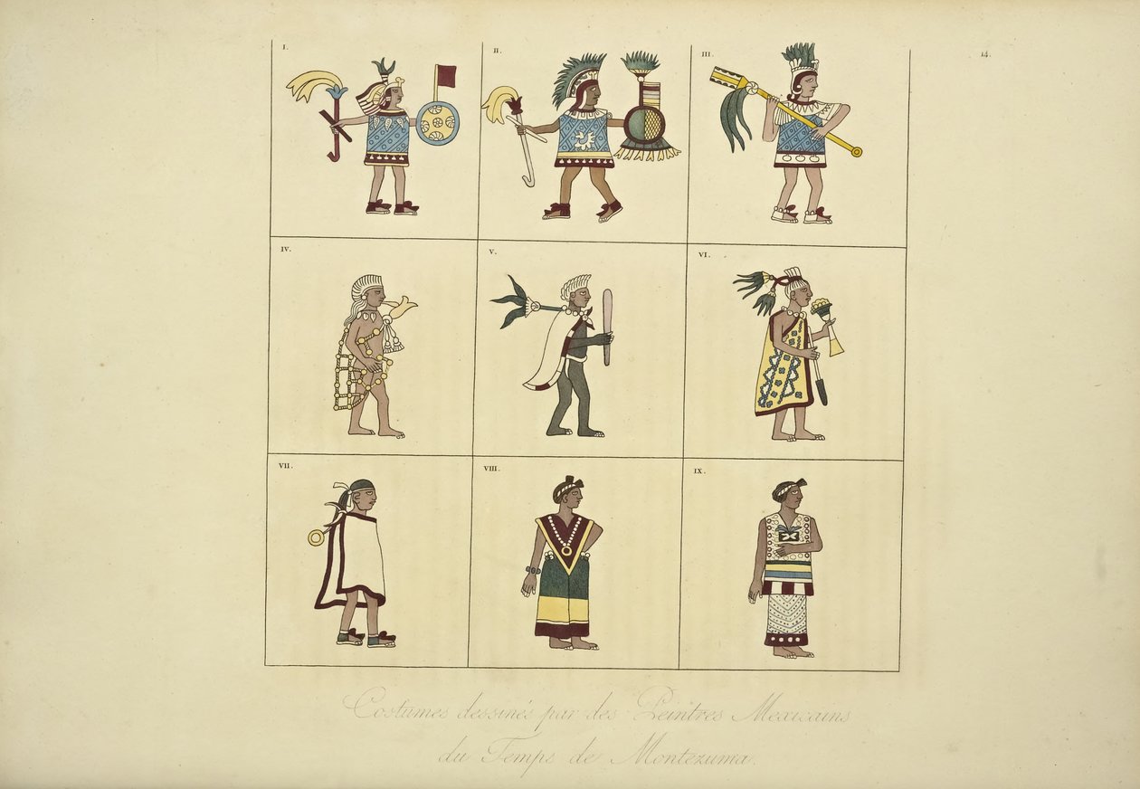 A Montezuma korabeli mexikói festők által tervezett jelmezek, Alexander von Humboldt és Aime Bonpland illusztrációja a Kordillerák látképéből és az Amerika őslakosainak emlékműveiből, 1 alkotó: French School