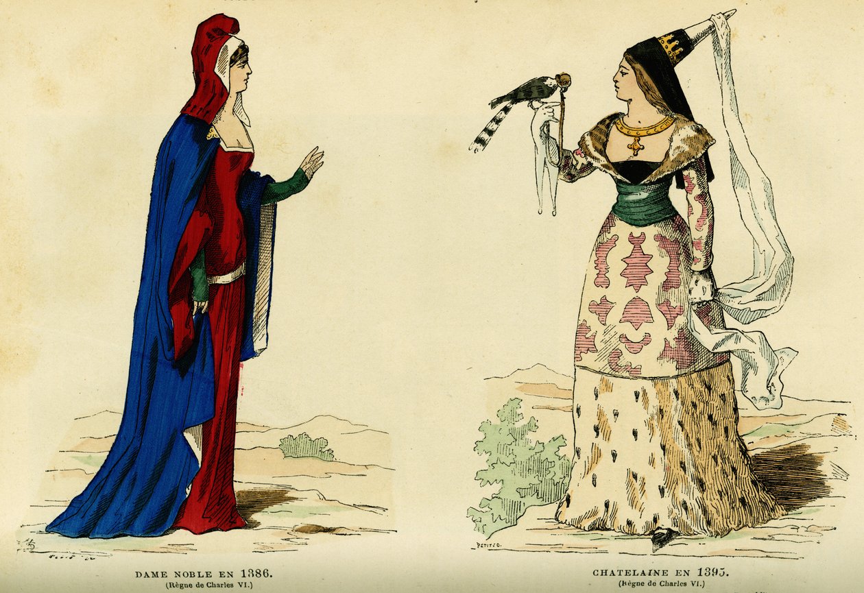 Nemes hölgyek öltözéke 1386-ban és a csevegőnőé 1395-ben (VII. Károly uralkodása 1403-1461). Színes metszet, in: "France et les francais a travers les centuries", Augustin Challamel, F.Roy szerkesztő, Párizs 1882. Selva gyűjtemény. alkotó: French School
