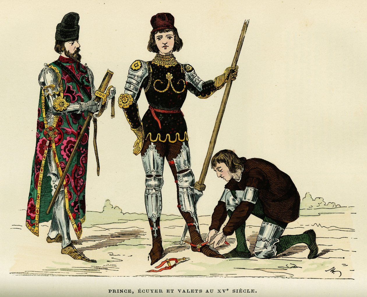 Herceg, ekusa és inasának jelmezei a XV. Színes metszet, „France et les francais a travers les centuries”-ben, Augustin Challamel, F.Roy szerkesztő, Paris 1882. Selva Collection. alkotó: French School