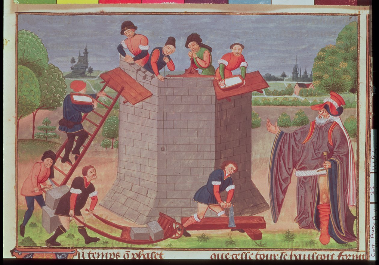Cott augusztus V, 22. évf. Bábel tornyának építése, miniatűr a „Le Tresor des Histoires”-ból (vellum) alkotó: French School