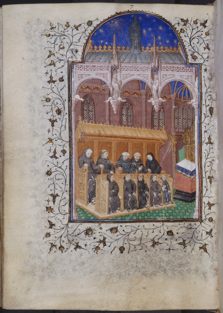 Cott Dom A XVII f.122v Fekete ruhás szerzetesek kórusban, VI. Henrik zsoltárából, Párizs, 1420 körül (vellum) alkotó: French School