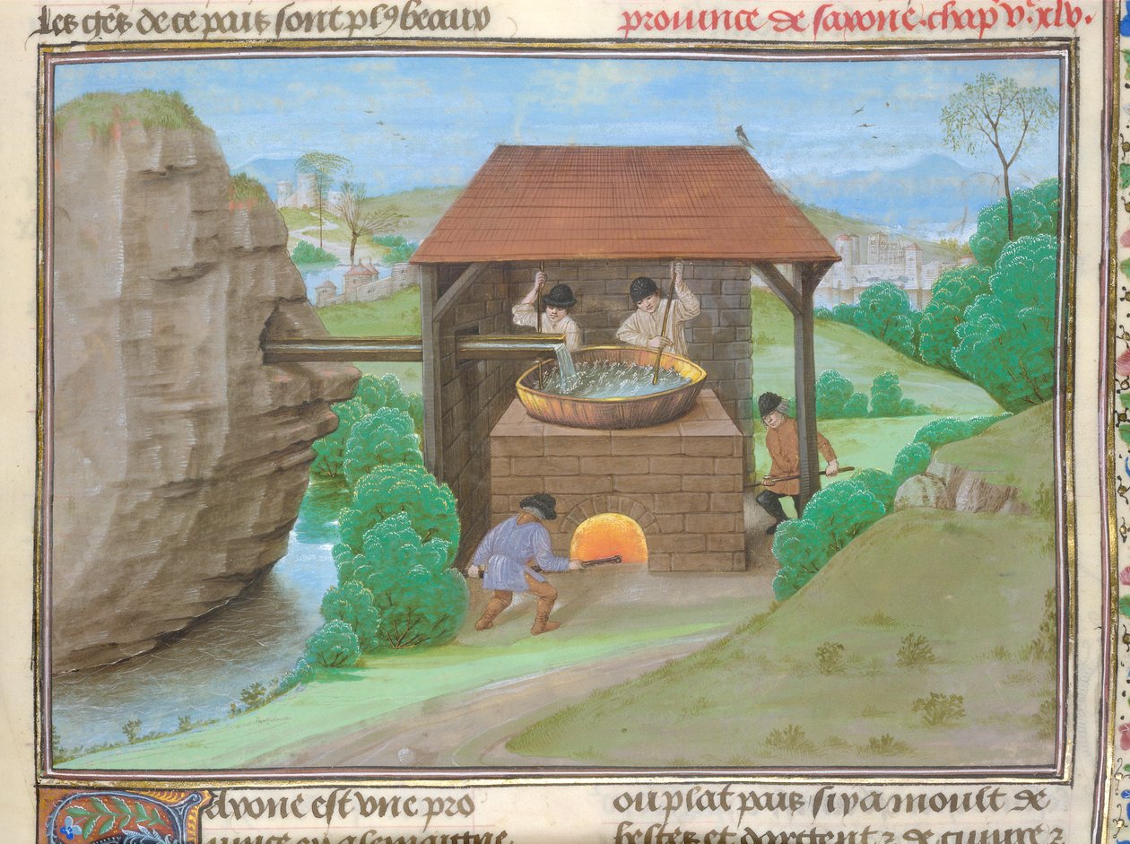 Cotton Augustus V, f.363 Sókamra serpenyővel és kemencével, illusztráció a "Le Tresor des Histoires..."-ból (vellum) alkotó: French School