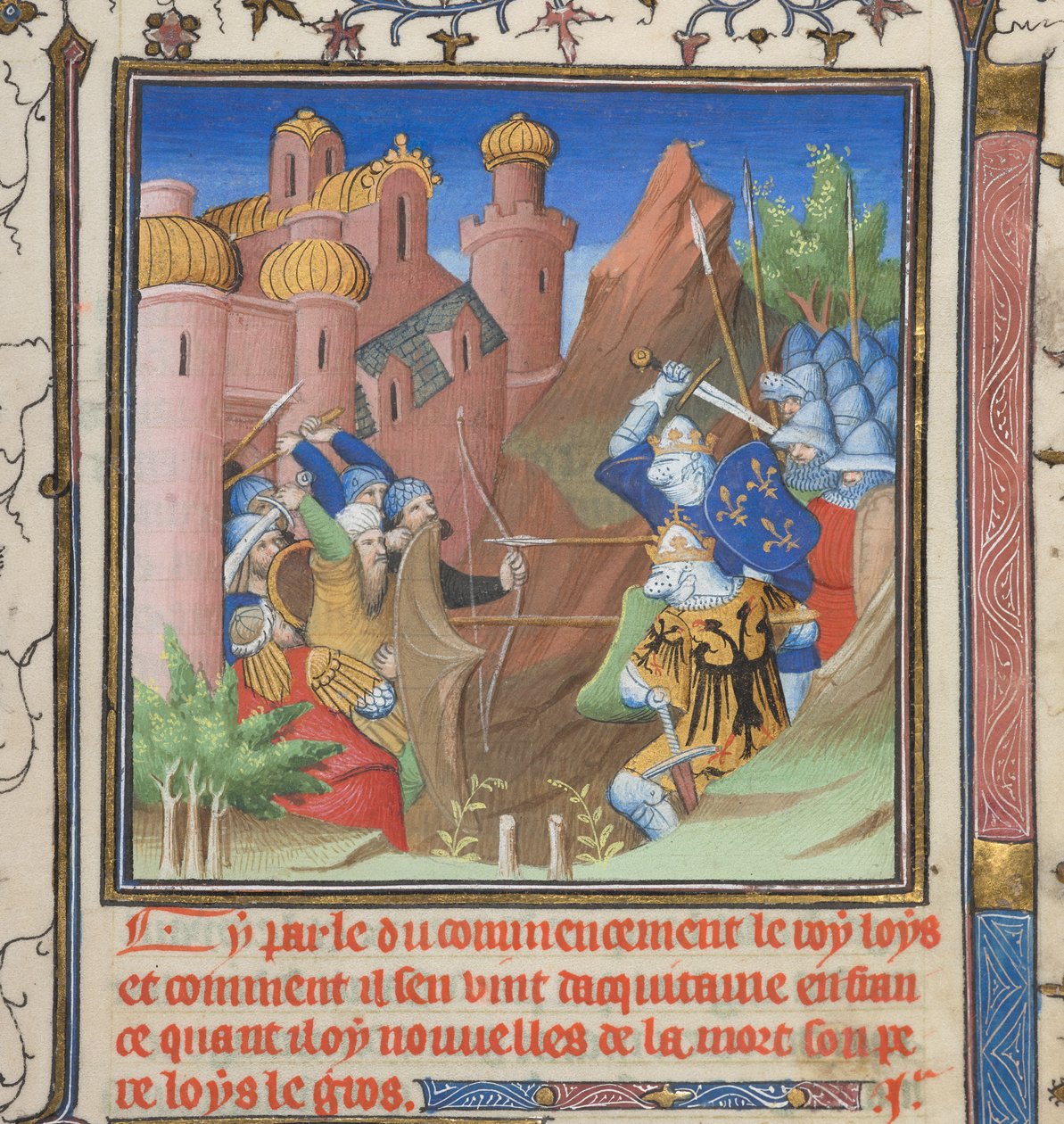 Cotton Nero E II pt.1, f.222, VII. Lajos és apja csatája, a Grandes Chroniques de France-tól alkotó: French School