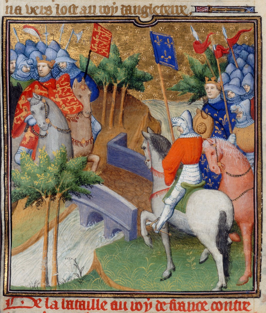 Cotton Nero E. II pt.2, f.40v Anglia és Franciaország a háborúban, illusztráció a „Grandes Chroniques de France”-ból, 1415 körül (vellum) alkotó: French School