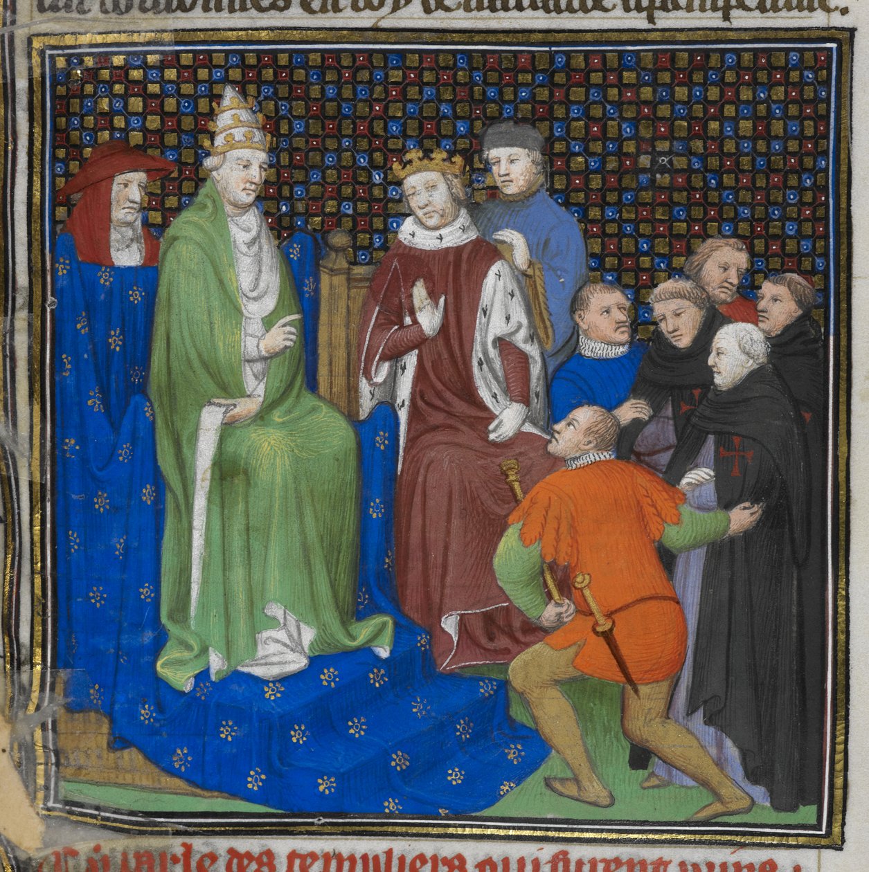 Cotton Nero E II pt2 fol.100v A templomosok IV. Fülöp (1268-1314) és V. Kelemen pápa (kb. 1260-1320) előtt, a „Grandes Chroniques de France”-ból (vellum) alkotó: French School