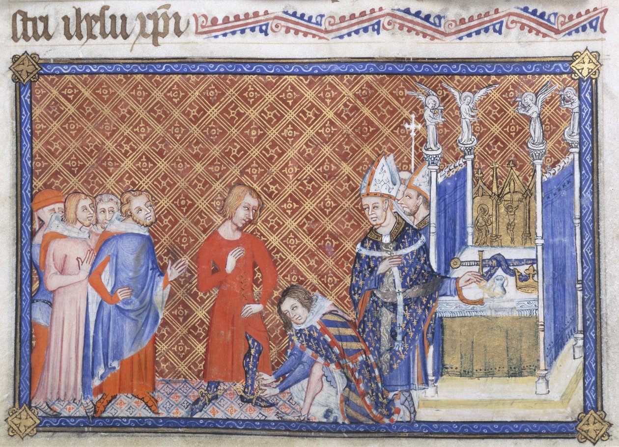 Cotton Tiberius B VIII f.48v Merész Fülöp, Burgundia hercege V. Károly király mellényt visel a sarkantyúval, illusztráció a „Koronázási könyv mestere” című könyvből alkotó: French School
