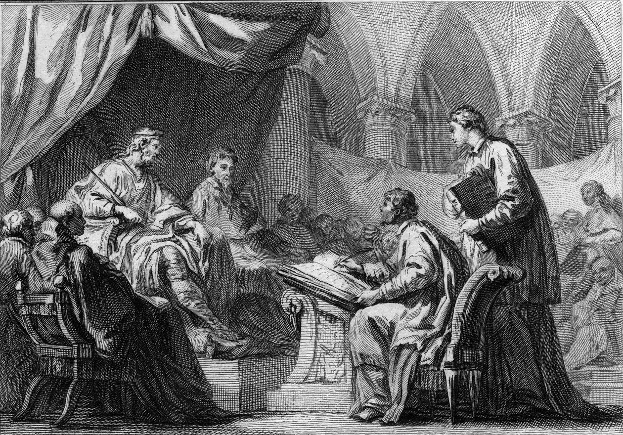 Orléans-i Zsinat, 511: I. Clovis (466-511), a frankok királya, részt vett a zsinaton, amely együttműködést hozott létre a francia királyok és a katolikus egyház között. 18. századi metszet. alkotó: French School