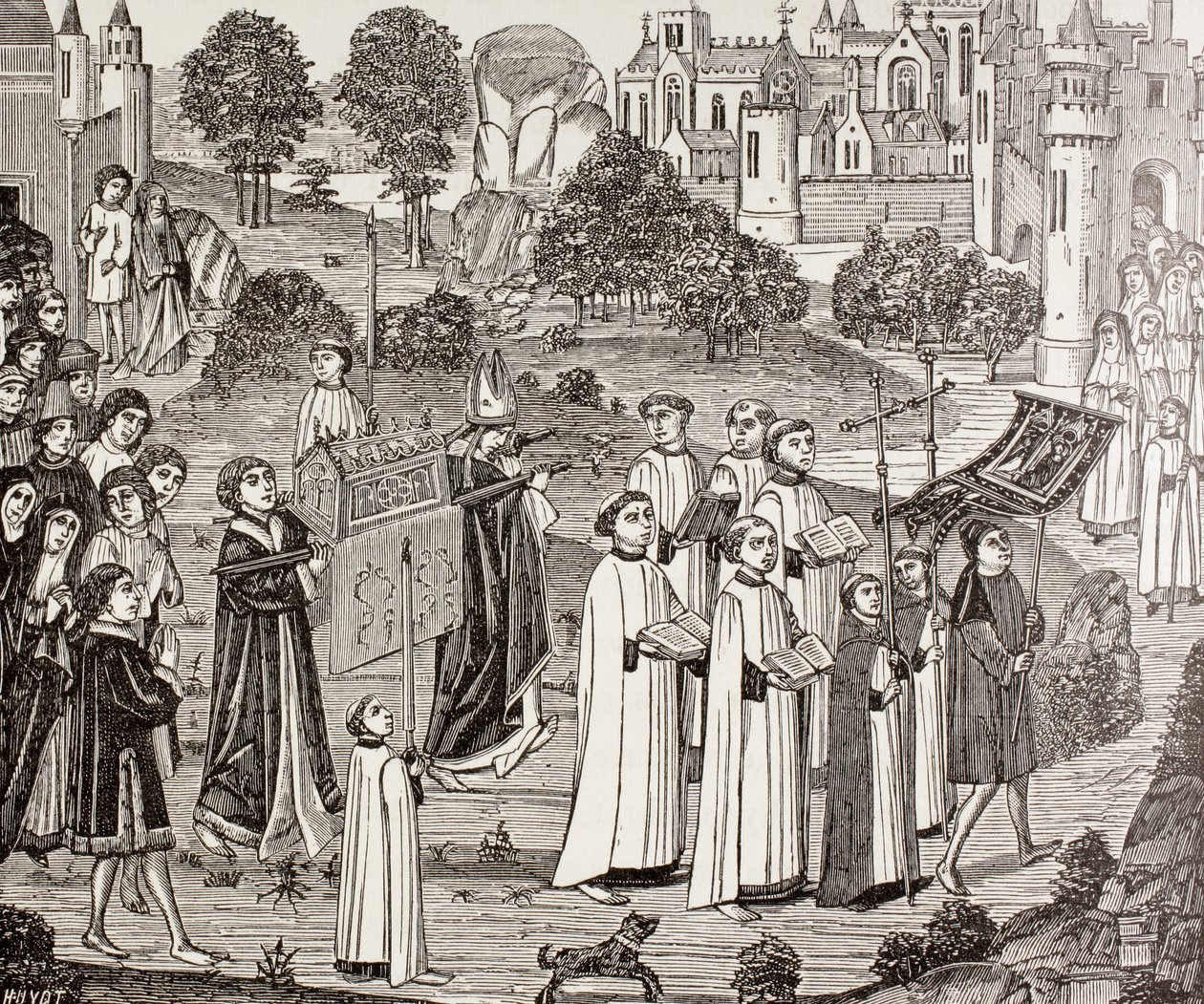 Renier gróf viszi Szent Veronika testét a monsi Szent Waudru templomba, Paul Lacroix "Military and Religious Life in the Middle Ages" című művéből, London, 1880 körül. alkotó: French School