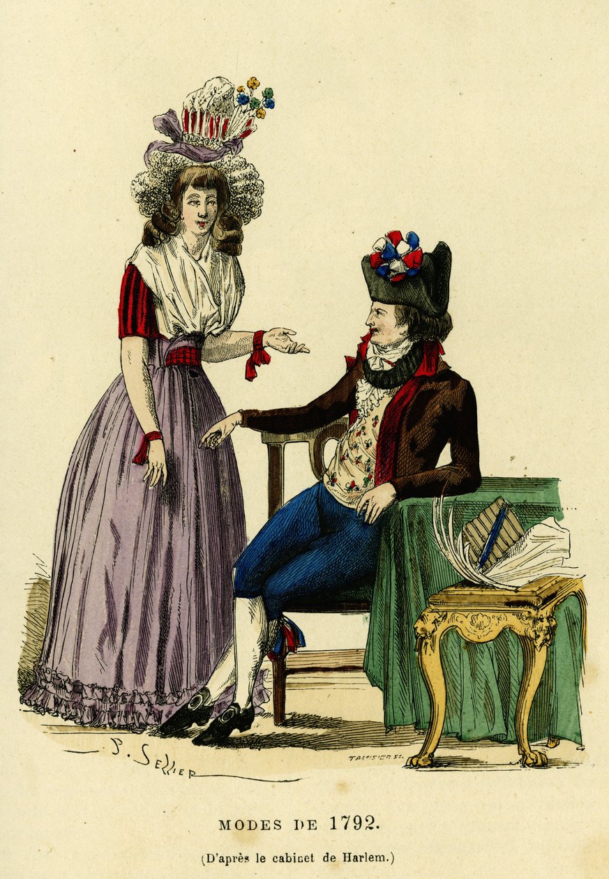 Divat pár 1792-ből. Színes metszet Harlem szekrényének rajza után, a „France et les francais a travers les siecles”-ben Augustin Challamel, F.Roy szerkesztő, Paris 1882. Selva Collection. alkotó: French School