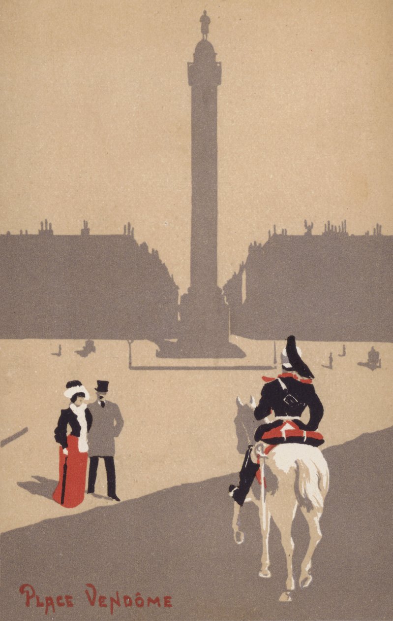Pár néz egy lovas francia lovassági katonát a Place Vendome-on, Párizsban, Franciaországban (színes litográfia) alkotó: French School