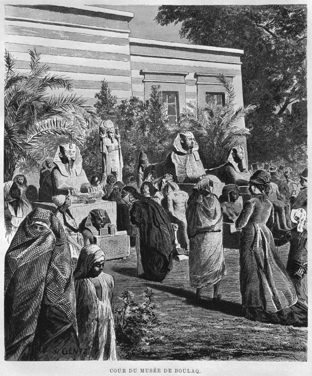 A múzeum udvara, Bulaq, Georg Moritz Ebers (1837-98) Egyiptomból, 1881 (bw metszet) alkotó: French School