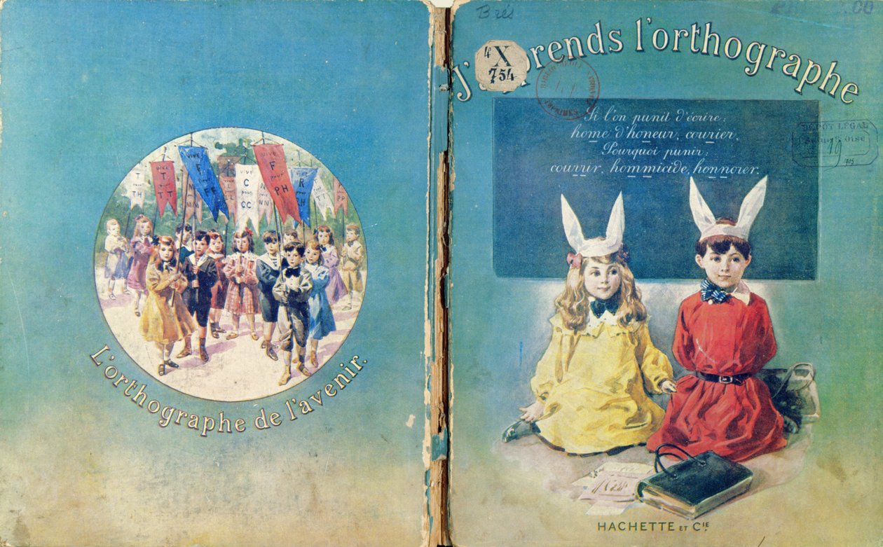Borítóillusztráció és hátlap egy francia iskolai írásról szóló tankönyvhöz, amelyet a Hachette adott ki Párizsban, 1905 alkotó: French School