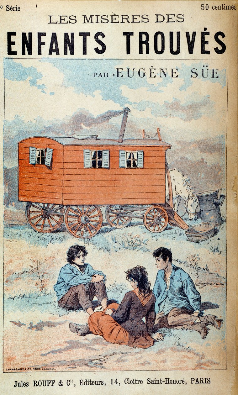 Eugene Sue „Les miseres des enfants found” című könyvének borítója alkotó: French School