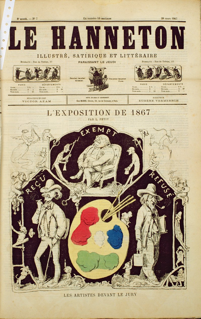 A Le Hanneton borítója, amely a Művészeket a zsűri előtt ábrázolja az 1867-es kiállításon, 1867. március 28. alkotó: French School