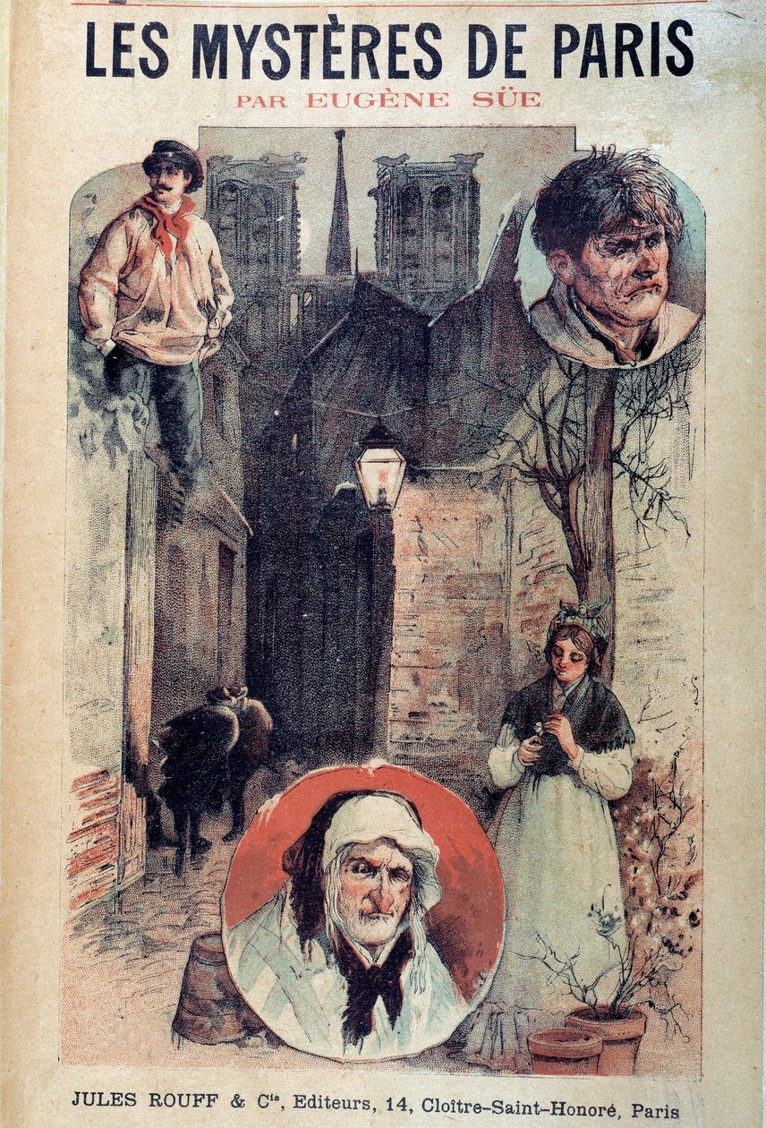 Eugene Sue (1804-1857) „Les mysteres de Paris” című művének borítója, egy párizsi sikátor látképe és szereplők alkotó: French School