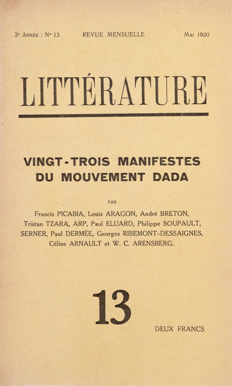 Cover of Literature havi irodalmi folyóirat, amely a Dada mozgalommal foglalkozik, 1920. május alkotó: French School