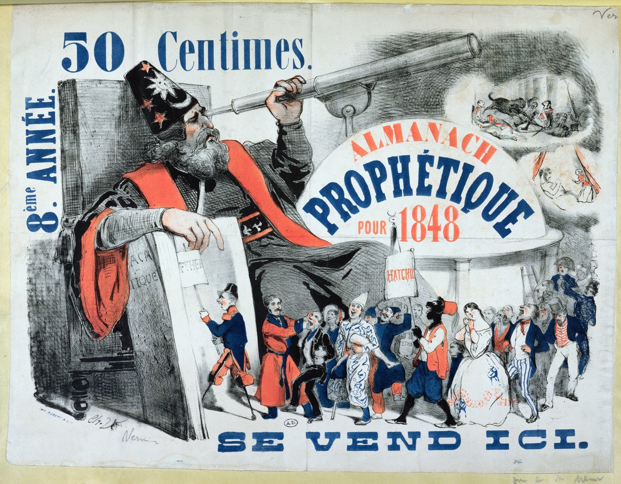 Nostradamust (1503-66) ábrázoló prófétai almanach borítója 1848 alkotó: French School