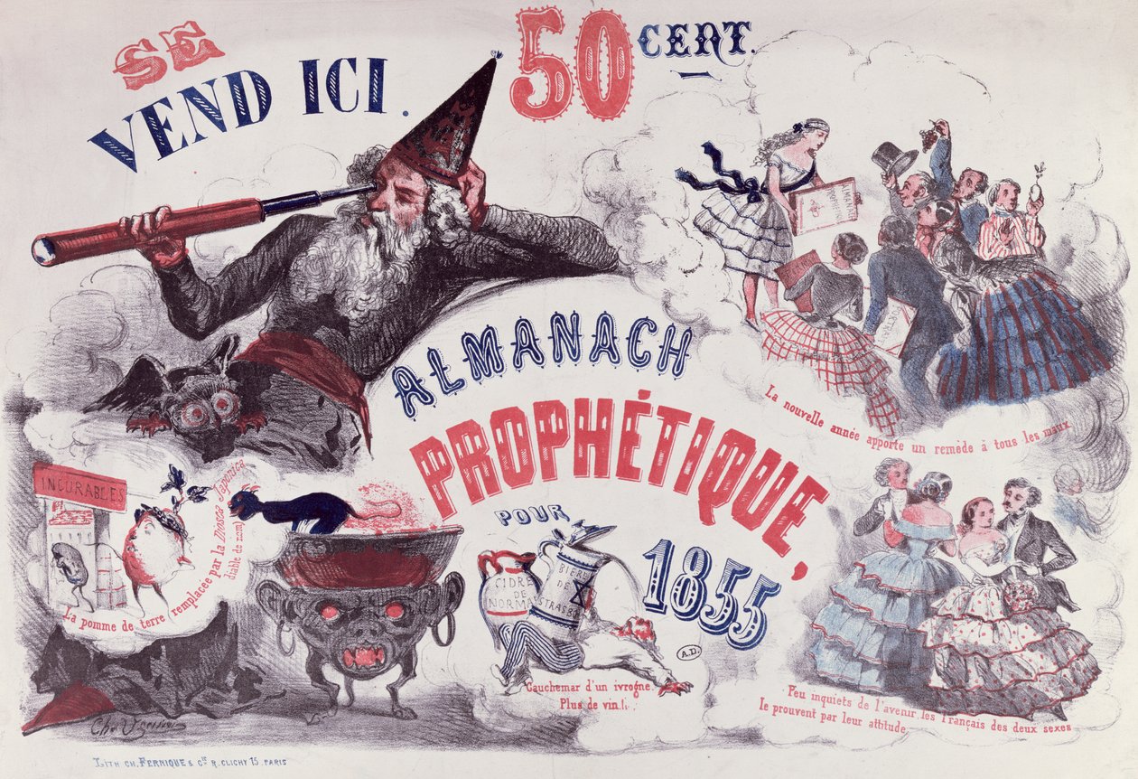 Egy Nostradamust ábrázoló prófétai almanach borítója, 1855 alkotó: French School
