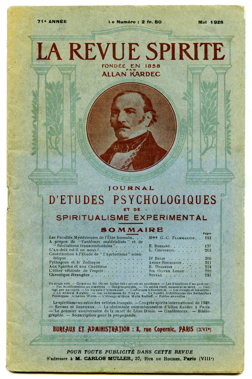Számos „” La revue spirite” címlapja, a spritizmusnak, pszichológiai tanulmányoknak és kísérleti spiritizmusnak szentelt negyedéves magazin, amelyet Allan Kardec alapított. alkotó: French School
