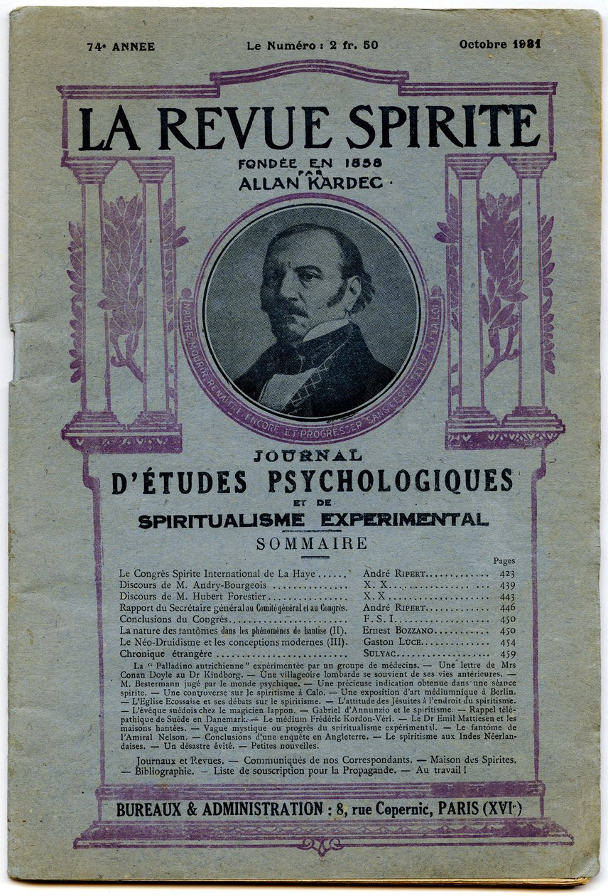 Számos „” La revue spirite” címlapja, az alapító Allan Kardec portréja, 1931. októberi magazin alkotó: French School