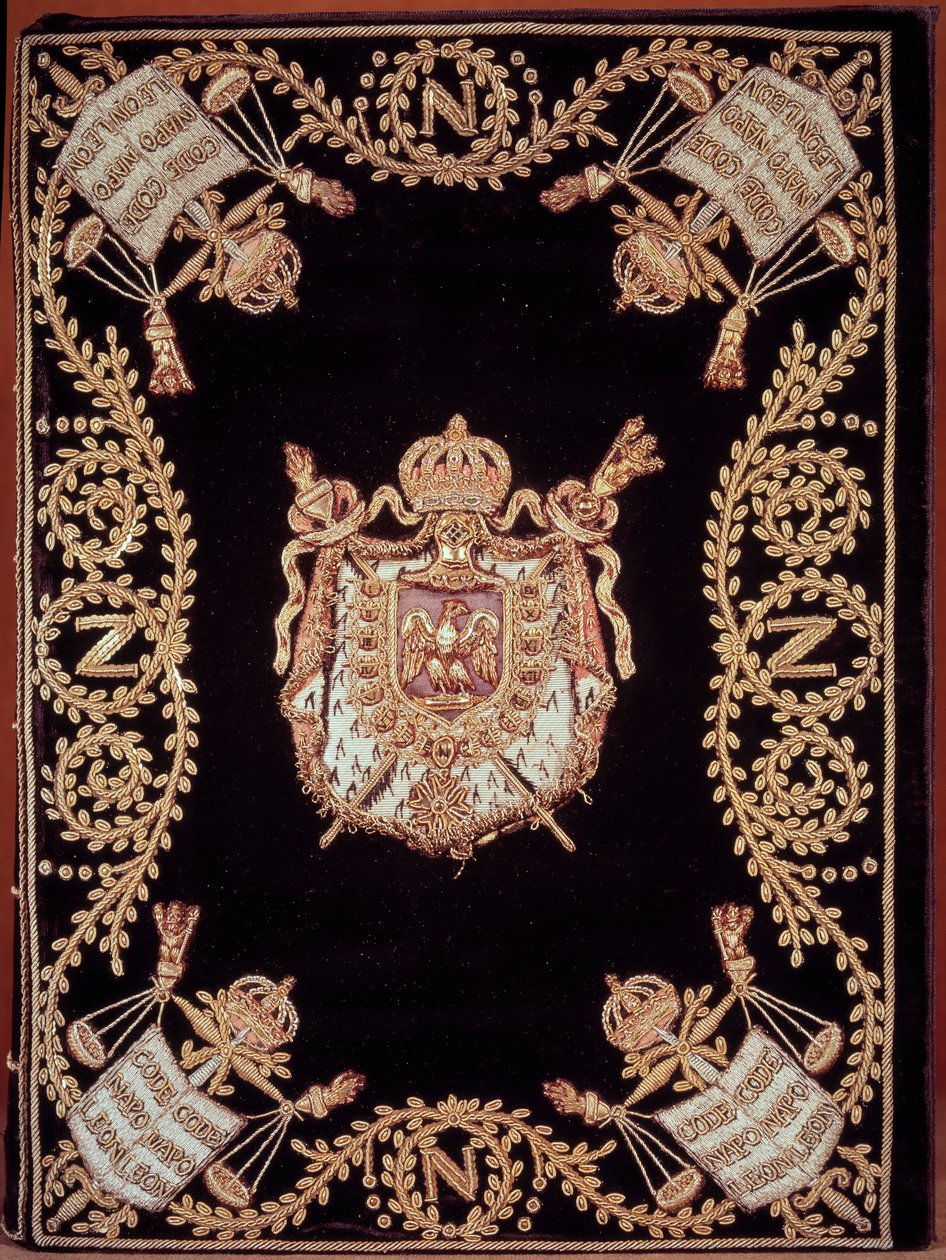 A Bonaparte Napóleon által 1804. március 21-én kihirdetett „Code civil des francais” tizenkét eredeti kiadásának egyikének borítója. Arany és ezüst bársonyhímzéssel kötve az igazságszolgáltatás emblémájával és a császár karjával. francia polgárjogi törvény alkotó: French School