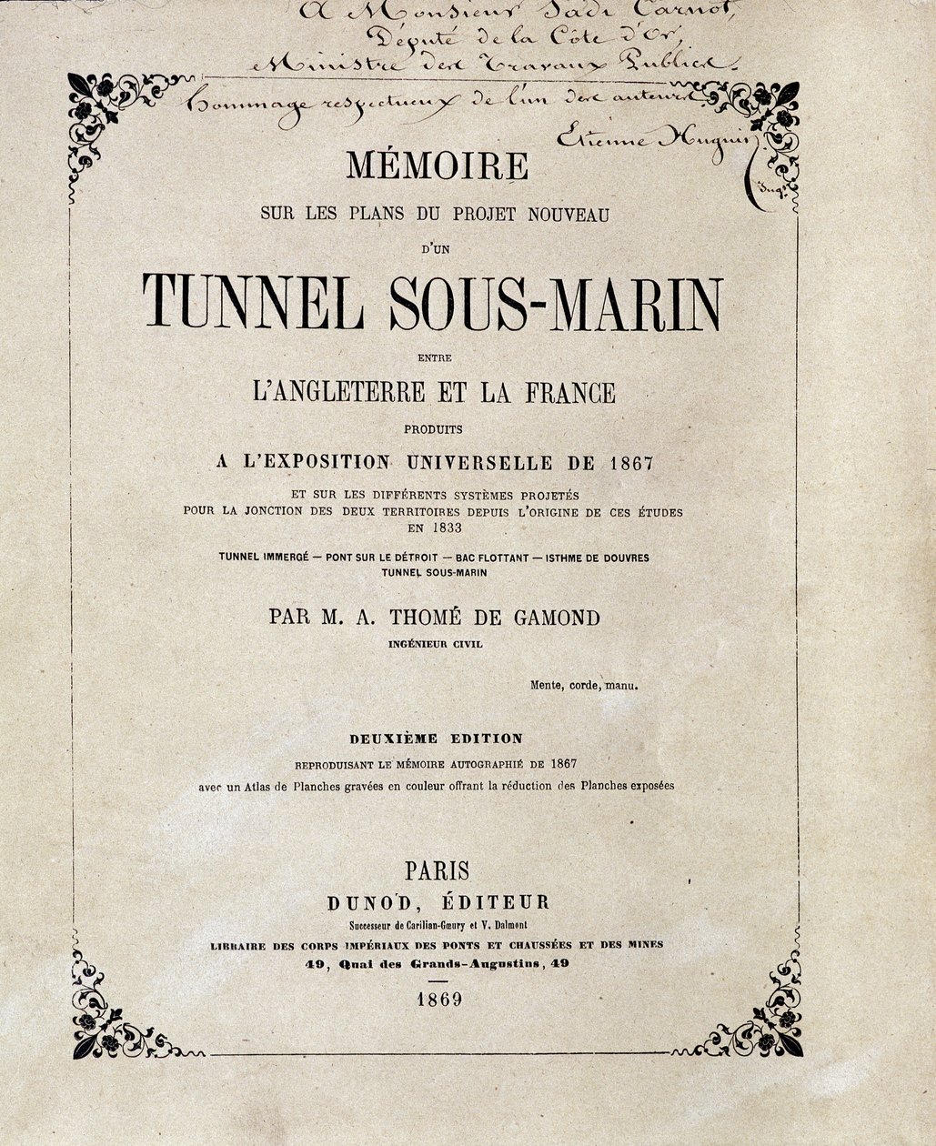 Az 1867-es világkiállításon készült, Anglia és Franciaország közötti víz alatti alagút (víz alatti) új projekt terveiről szóló „” Memoire borítója”, M.A. Thome de Gamond. alkotó: French School
