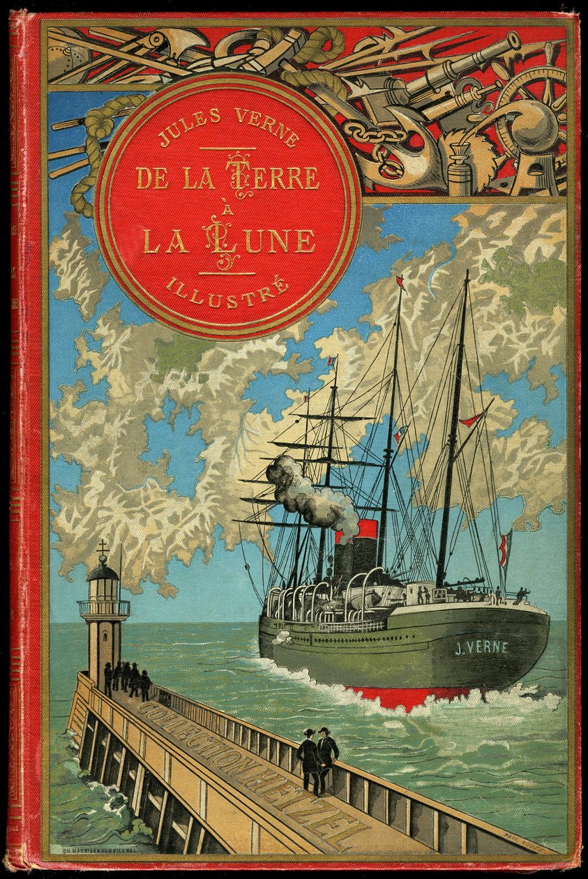 Jules Verne „From the Earth to the Moon” című könyvének borítója 1865-ben (Hetzel/Extraordinary Voyages alkotó: French School