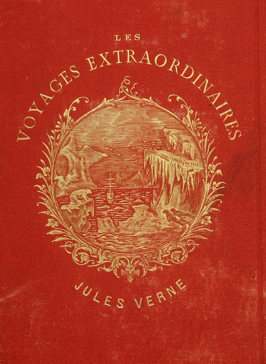 Jules Verne „” Les Voyages Extraordinary”” gyűjteményének borítója. század vége. alkotó: French School