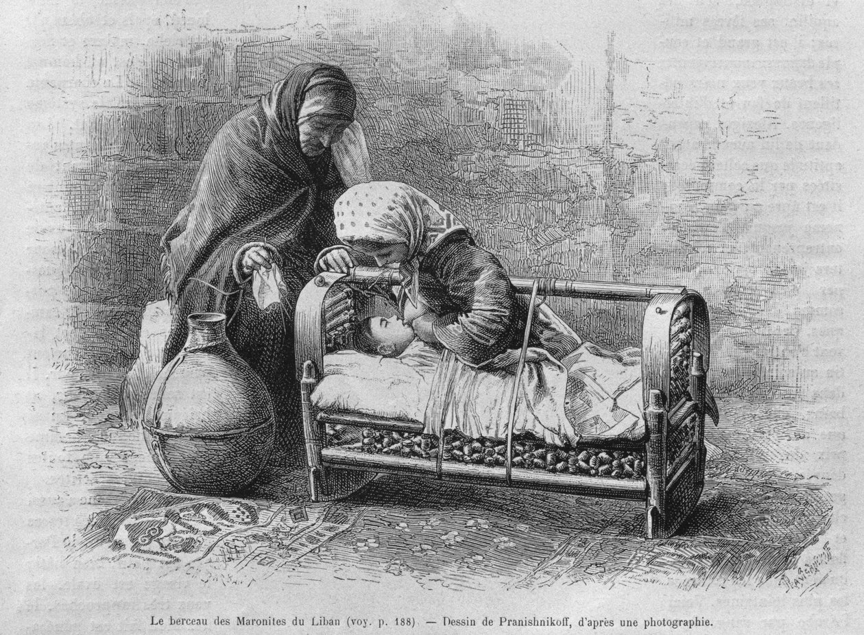 Bölcső a maronitákhoz, Szíriából ma. Utazások Föníciában, Libanonban és Júdeában. Louis Charles Emile Lortet 1875-1880, 1884 (bw metszet) alkotó: French School