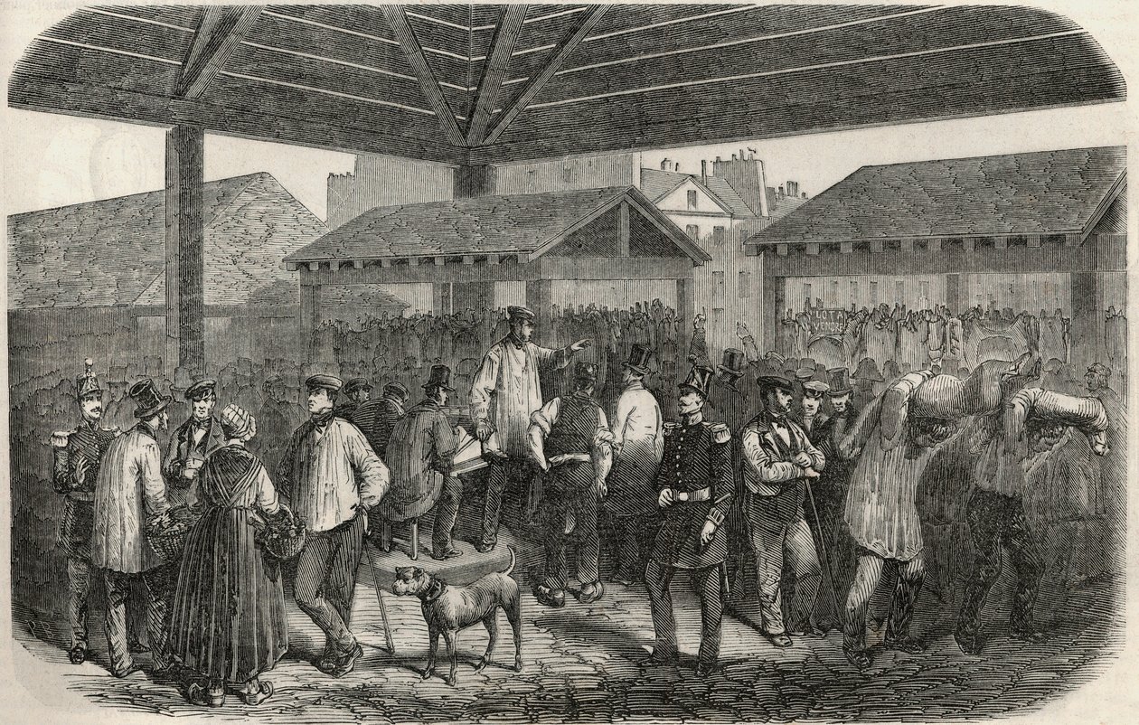 Hentes hús készítése a rue des Prouvaires piacon, Párizs 1. kerületében – Edmond Texier 1852-es metszete „Tableau-de-Paris”-ban alkotó: French School