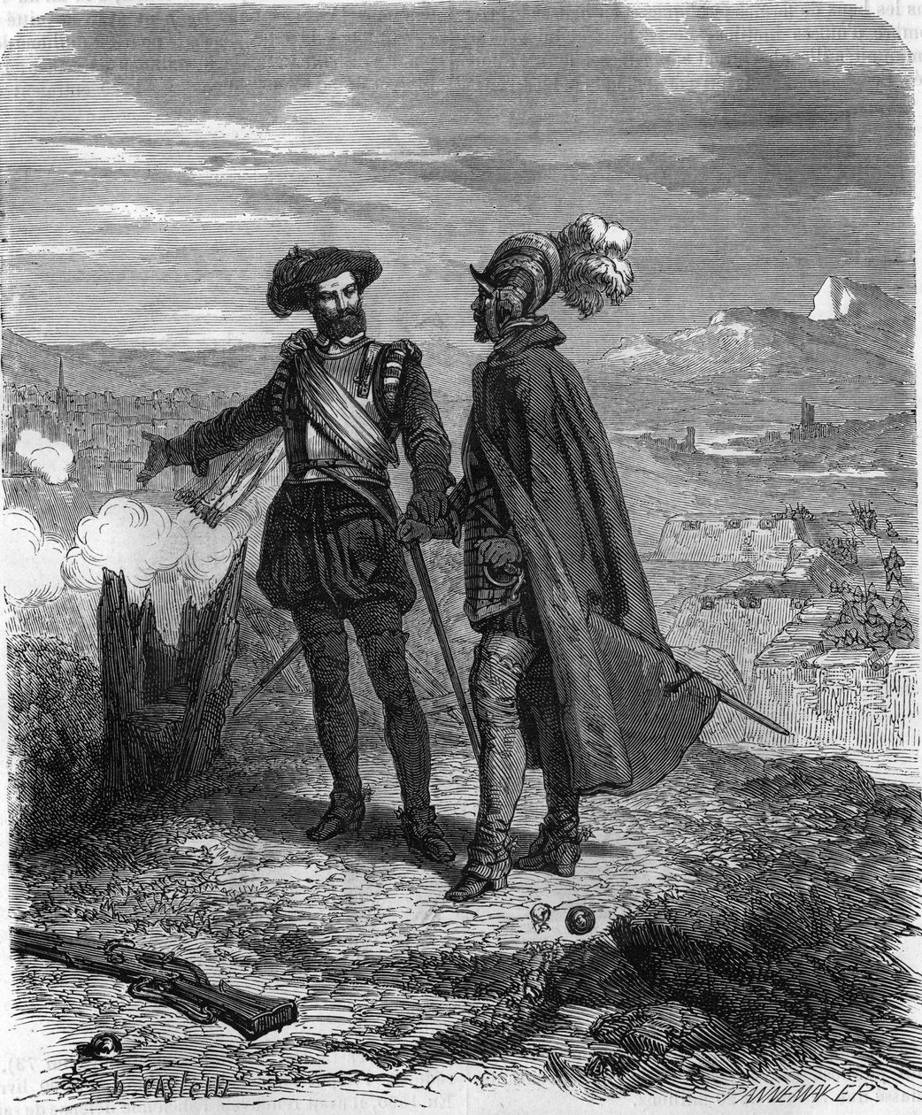 Crillon és Maximilian of Bethune, Sully hercege, francia államférfi és IV. Henrik tanácsosa, a Savoyai ostrom alatt (1600-1601). A „Histoire Populaire de la France” című metszetben a XIX. alkotó: French School