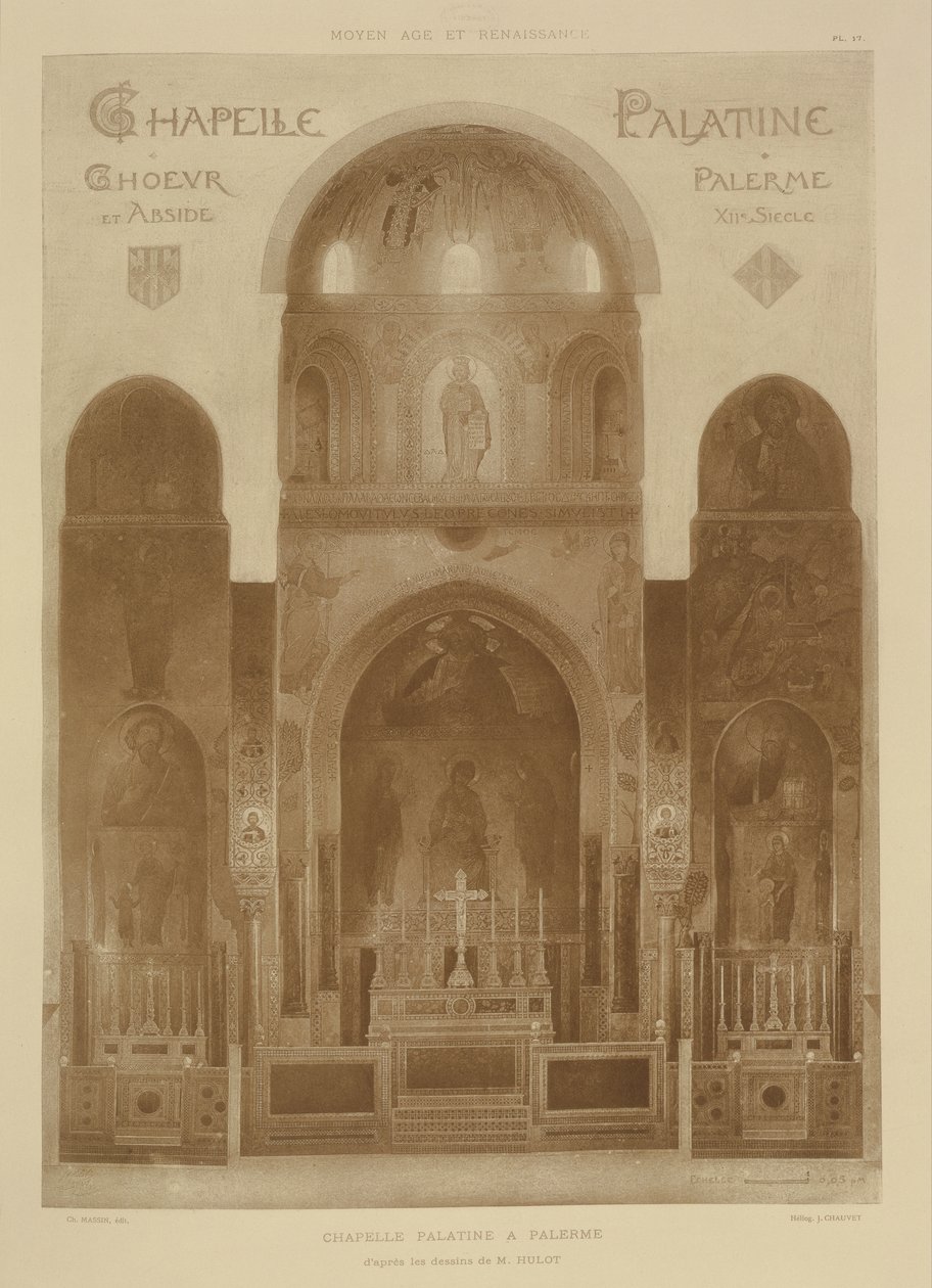 Keresztmetszet a Palatinus-kápolna keleti végéről, Palermo, Szicília, Fragments dArchitecture du Moyen Age et de la Renaissance, metszet: Jules Adolphe Chauvet (sz. 1828) alkotó: French School