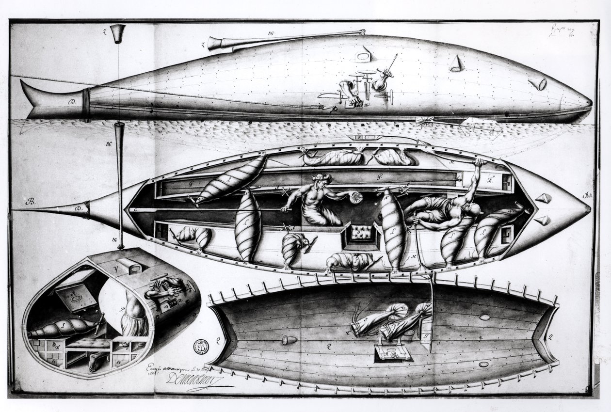 Egy tengeralattjáró keresztmetszete, kéziratból, 1689. márc alkotó: French School