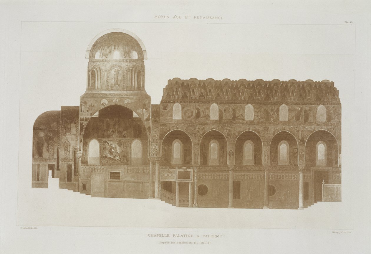 A Palermo, Szicília Palatinus-kápolna keresztmetszete a Fragments dArchitecture du Moyen Age et de la Renaissance-ból, Jules Adolphe Chauvet (sz. 1828) metszete alkotó: French School