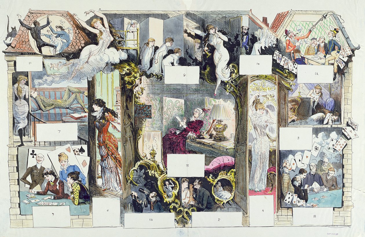 Egy párizsi ház keresztmetszete, illusztráció a La Vie Parisienne-ből, 1875 körül (színes metszet) alkotó: French School