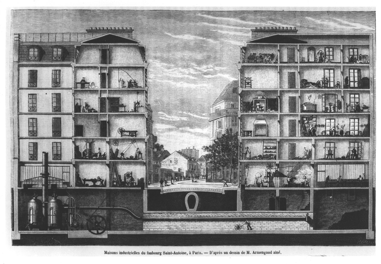 A párizsi Faubourg Saint-Antoine ipari házak keresztmetszete, illusztráció a Le Magasin Pittoresque-ből, 1885 alkotó: French School