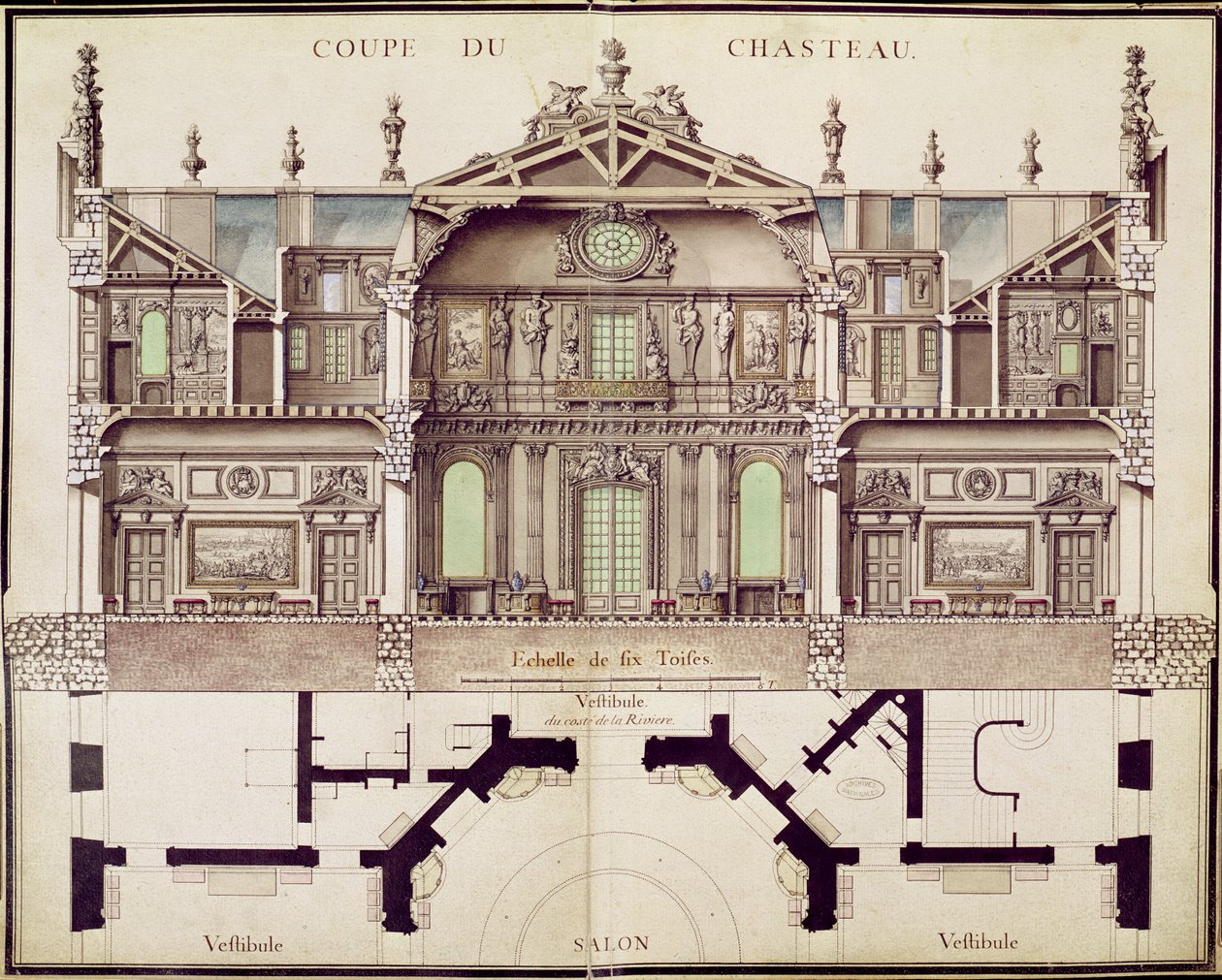 A Chateau de Marly keresztmetszeti terve, 1714 alkotó: French School