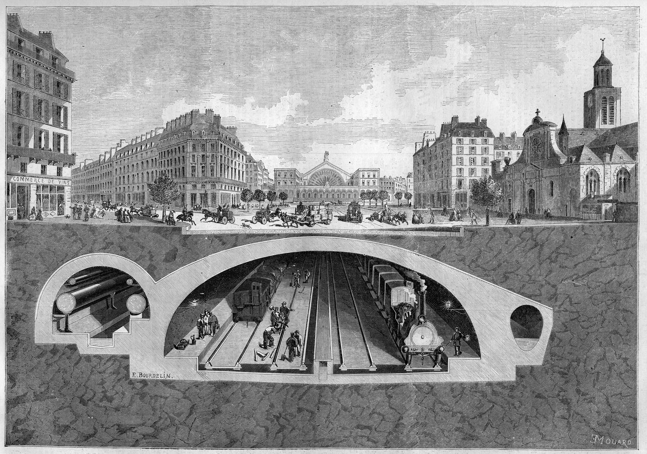 A párizsi földalatti vasúti projektet ábrázoló keresztmetszet, a Vilette-től a központi csarnokokig, 1861-ben. Metszet a „” Le Monde Illustré”” 213. sz. 1861. május 11-én. alkotó: French School