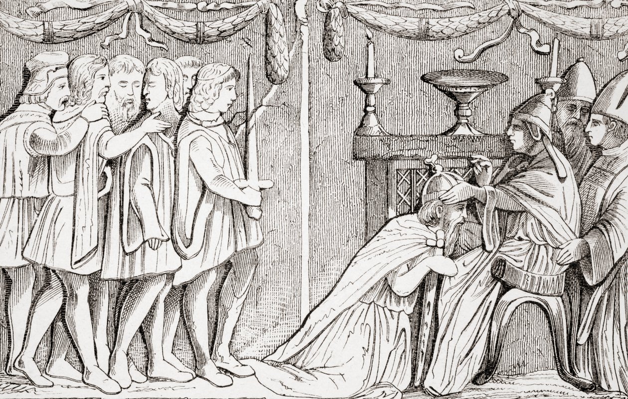 Zsigmond római császárrá koronázása IV. Jenő pápa által 1433-ban, a L"Histoire Universelle Ancienne et Moderne-ból, 1860 körül Strasbourgban alkotó: French School