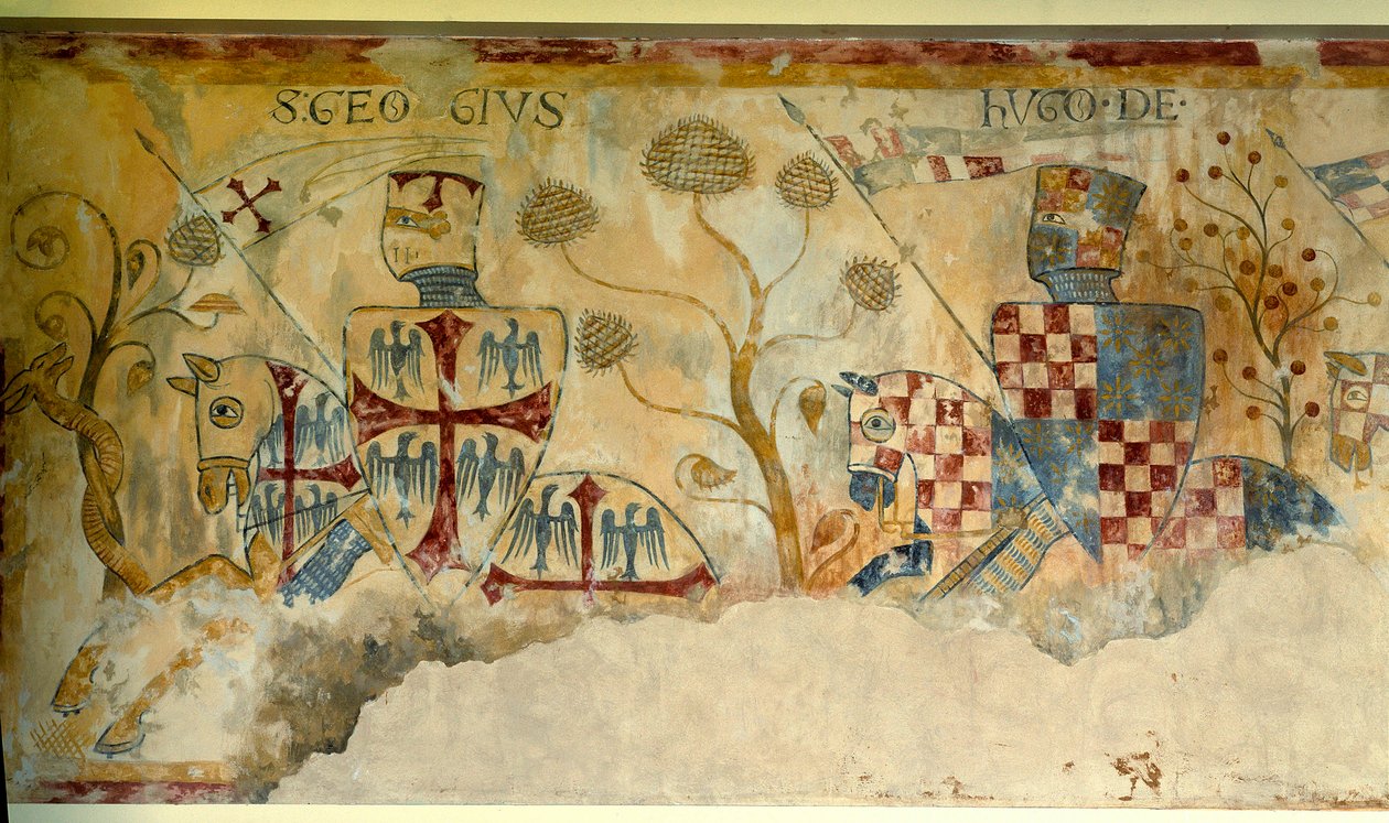 Keresztes hadjárat: a lovagok indulása a keresztes hadjáratért: Vermandois-i Szent György és I. Hugh (1057-1102) (?) vagy Lusignan XII. Hugh (?) ábrázolása. Saint Jacques de Gueret freskójának részlete alkotó: French School
