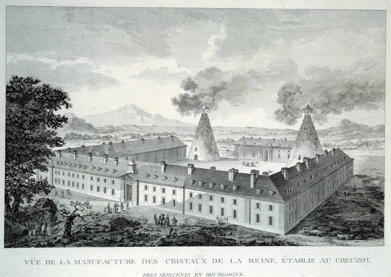 Marie Antoinette királynő kristálymunkái a burgundi Moncenis melletti Creusotban. Metszet 1787-ből. Le Creusot, Ecomusee alkotó: French School