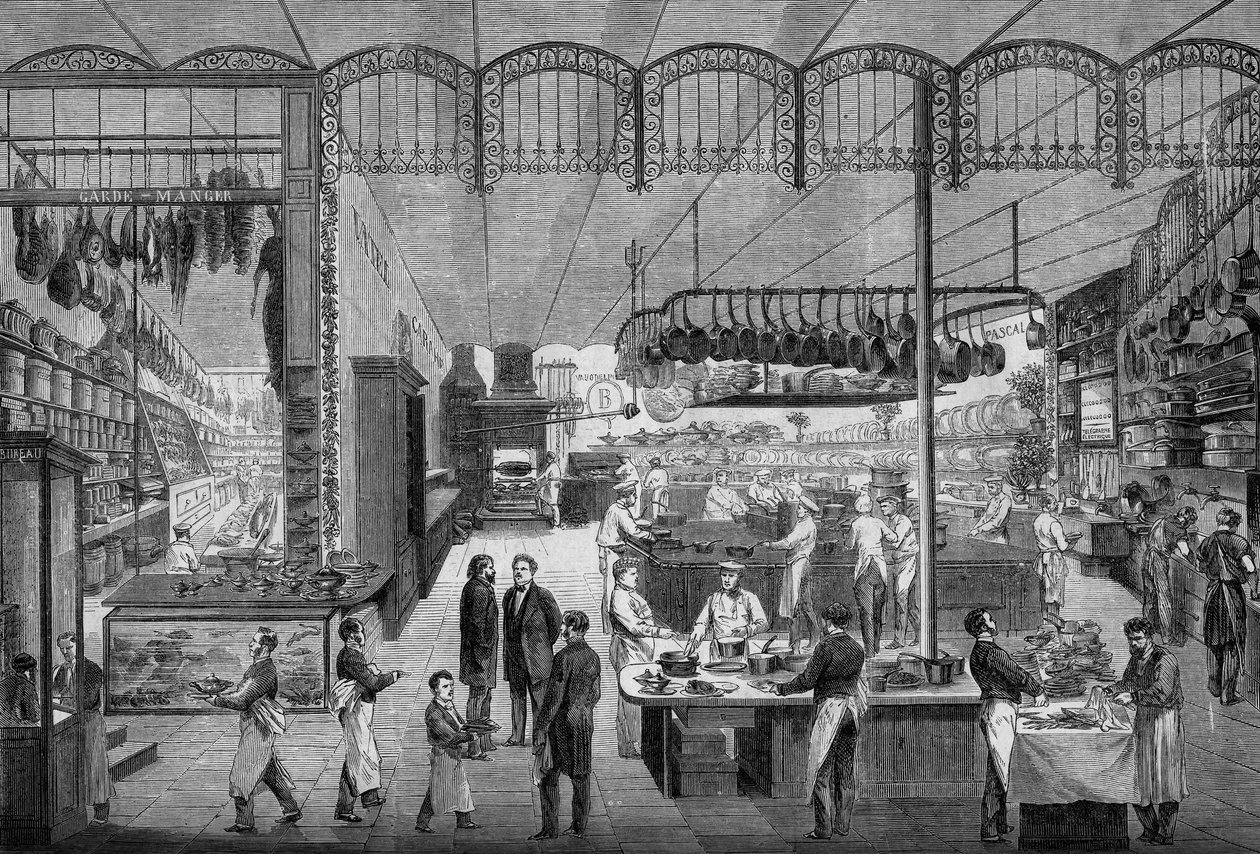 Szakácsok és pincérek dolgoznak a párizsi Café Riche konyhájában 1866-ban. Metszet a "Le Monde Illustre" 499. számában, 1866. november 3.. alkotó: French School