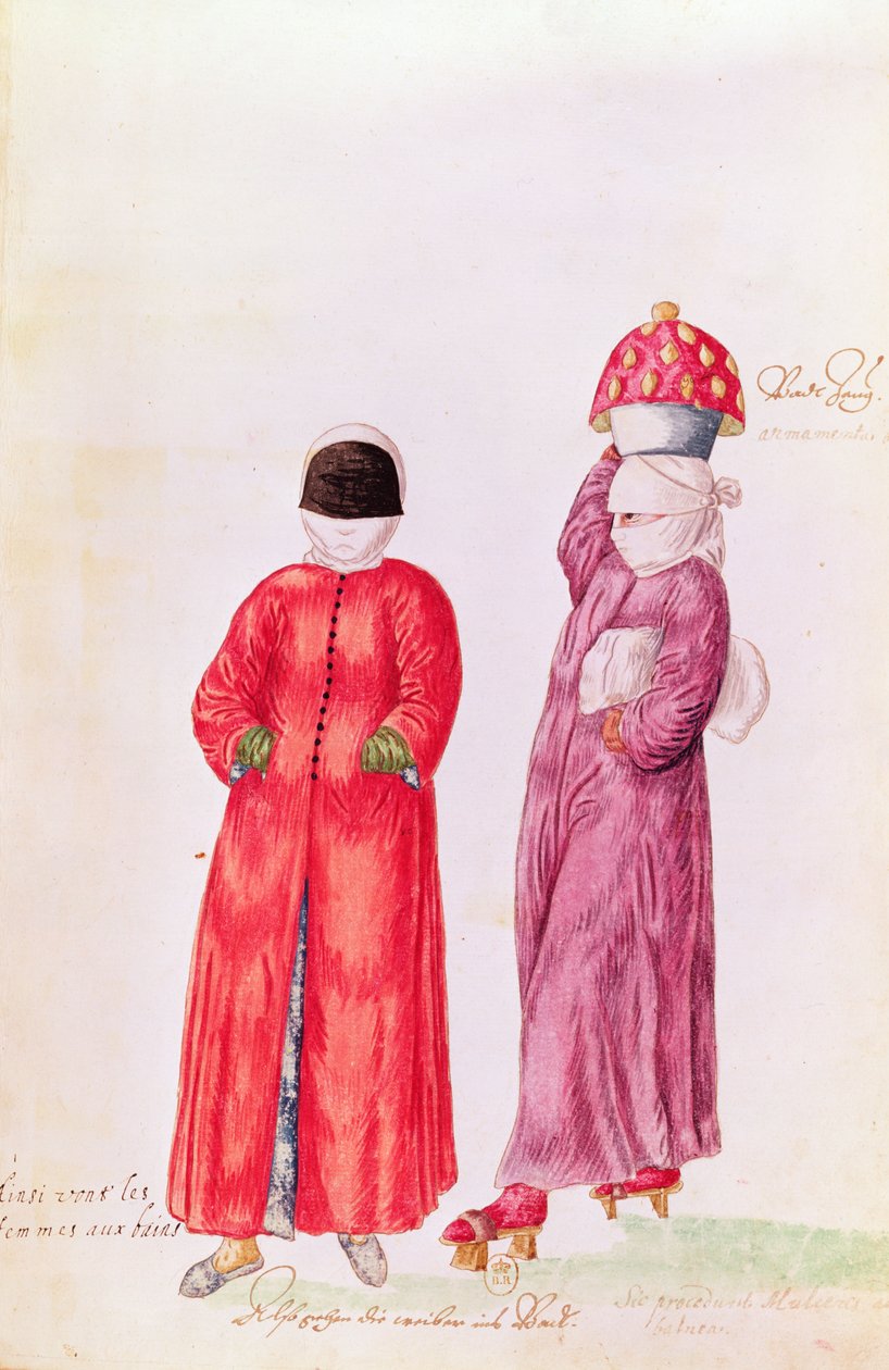 A keleti országok szokásai, viselete, öltözködési állapotai - fürdőzni menő nők, 1513 (színes metszet) alkotó: French School