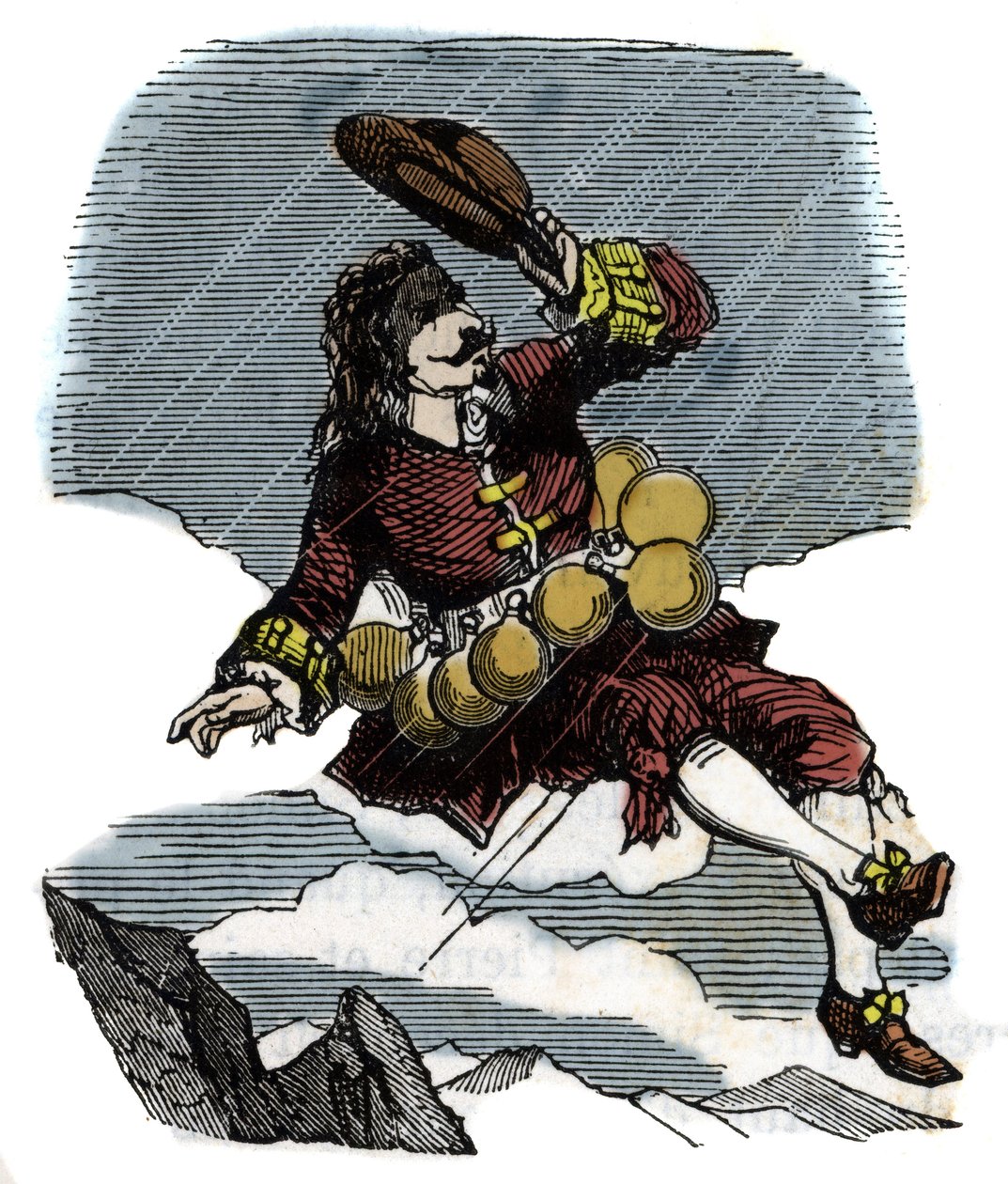 Cyrano de Bergerac felemelkedik az égen a rózsafioláknak és a Holdra való utazásnak köszönhetően, Hercules Savinien Cyrano de Bergerac (1619-1655) regényének illusztrációja: "" A másik világ"" alkotó: French School