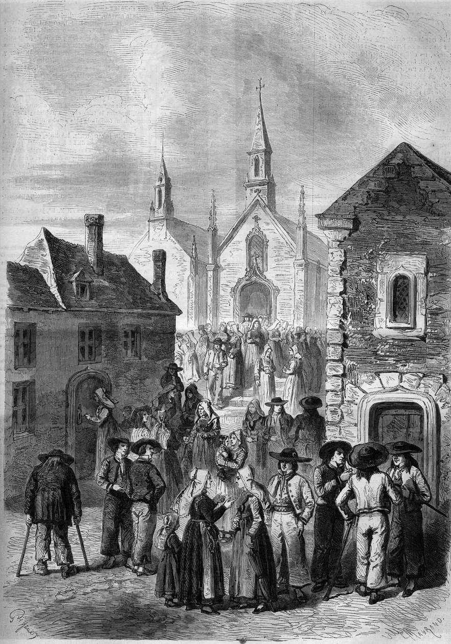 Mindennapi élet Bretagne-ban: kijárat a Locmine templomból alkotó: French School