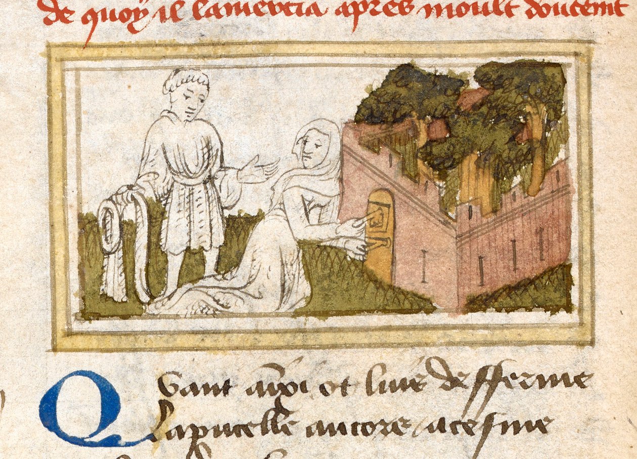 Dame Oiseuse beengedi a szeretőt az Örömök Kertjének ajtaján, a „Le Roman de la Rose” c. 1400. alkotó: French School