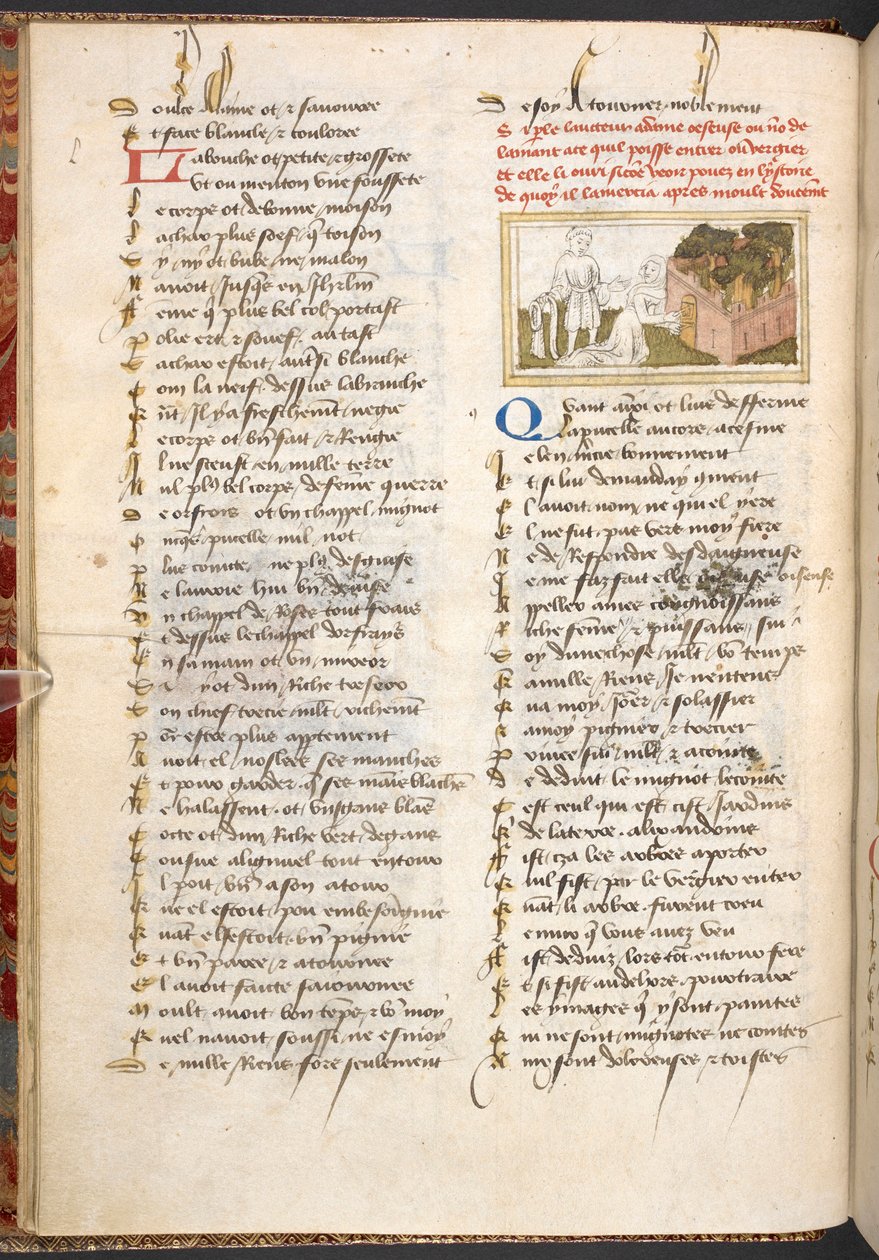 Dame Oiseuse beengedi a szeretőt az Örömök Kertjének ajtaján, a „Le Roman de la Rose” c. 1400. alkotó: French School