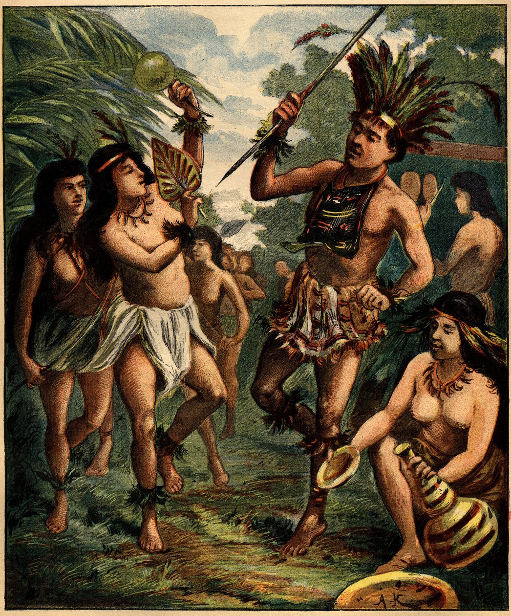 Roucouyan indiánok tánca a Karib-térségben. Metszet a „” La Terre Illustree”” 77. számában, 1892. április 21-én. alkotó: French School